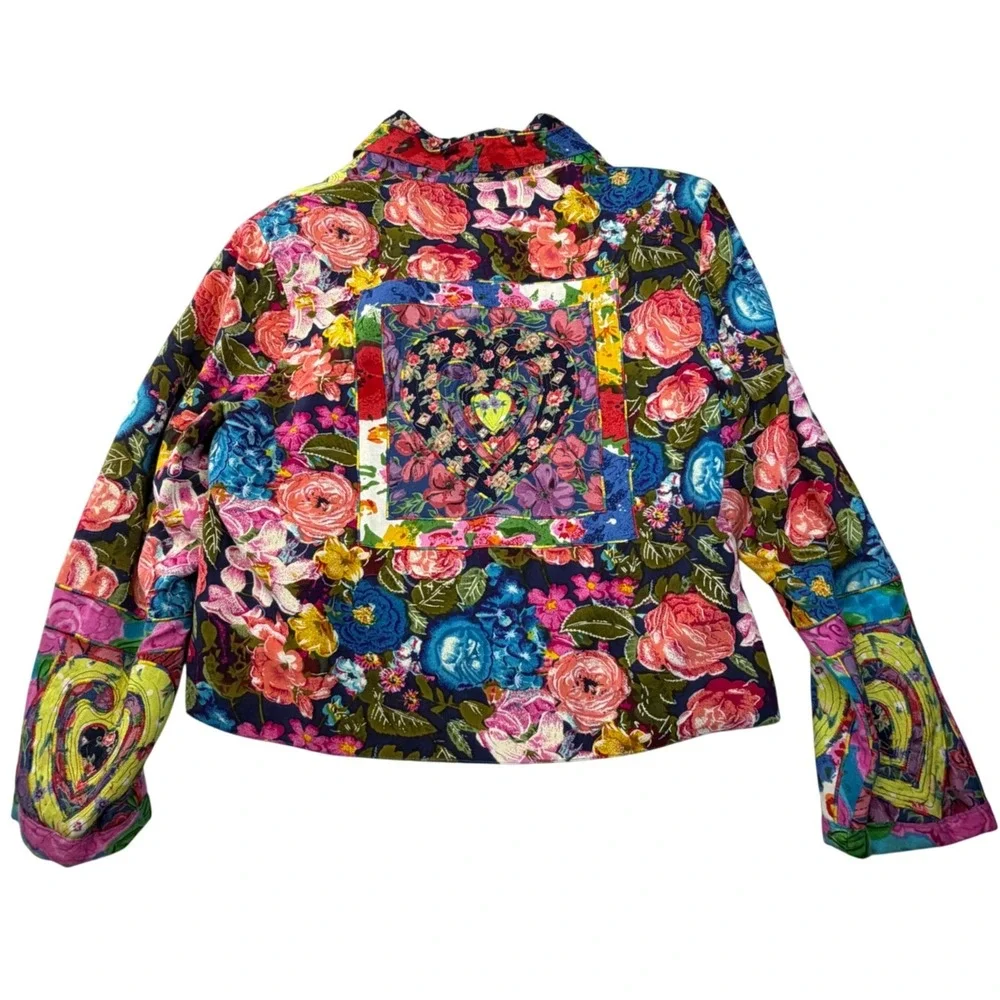 Sandy Starkman Art Jacket M Quilted Patchwork Hearts Floral Rayon Boho VTG - Picture 3 of 16